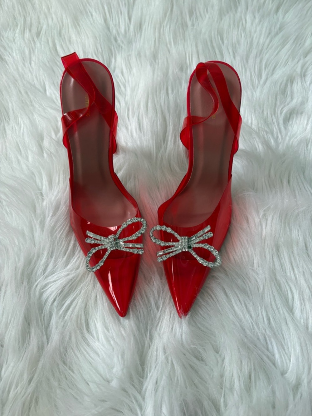 Glam Date Night Red Pointed Toe Crystal Heel Slingback Pumps with Crystal Bow